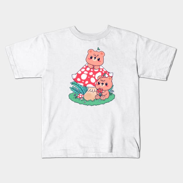 Mashroom Forest Bear Kids T-Shirt by Minidooods